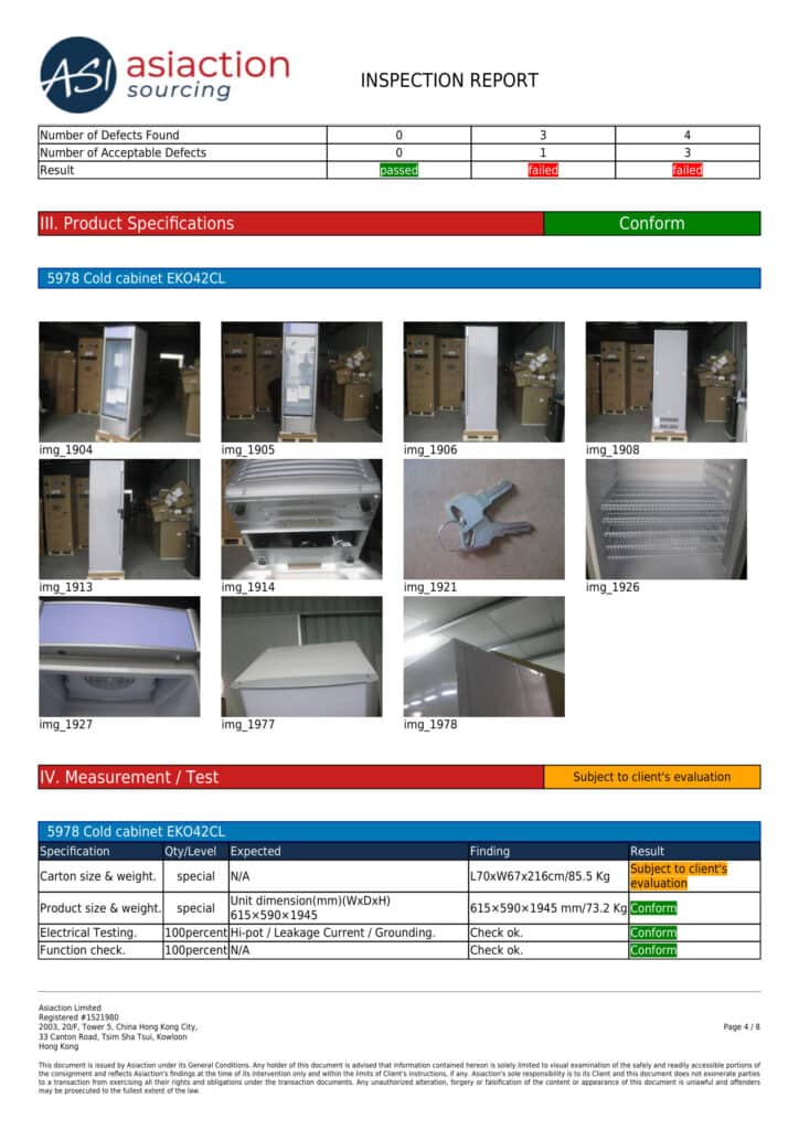 Tableau du résultat AQL global, photos de conformité aux spécifications et tableau des mesures et tests d’un rapport d’inspection Asiaction