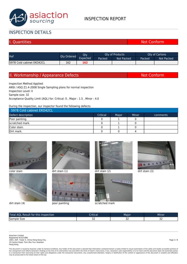 Rubrique finition d’un rapport d’inspection Asiaction pour des armoires réfrigérées, avec plan d’échantillonnage, limites AQL, liste des défauts et photos